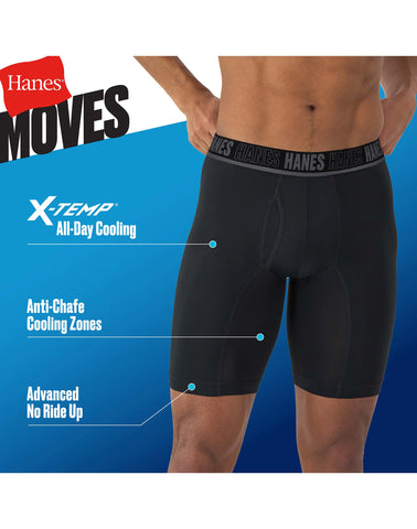 Hanes Moves Ultimate Men’s Anti-Chafe Long Leg Boxer Brief Underwear, Total Support Pouch, X-Temp, Black/Grey/Blue, 4-Pack, 8