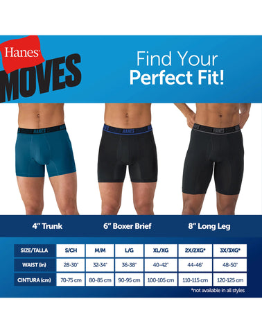 Hanes Moves Ultimate Men’s Anti-Chafe Long Leg Boxer Brief Underwear, Total Support Pouch, X-Temp, Black/Grey/Blue, 4-Pack, 8