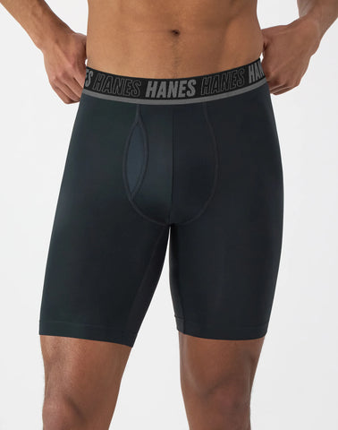 Hanes Moves Ultimate Men’s Anti-Chafe Long Leg Boxer Brief Underwear, Total Support Pouch, X-Temp, Black/Grey/Blue, 4-Pack, 8
