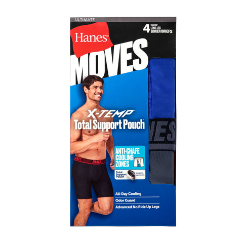 Hanes Moves Ultimate Men’s Anti-Chafe Long Leg Boxer Brief Underwear, Total Support Pouch, X-Temp, Black/Grey/Blue, 4-Pack, 8