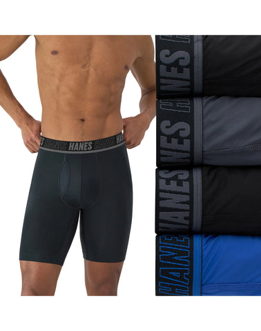 Hanes Moves Ultimate Men’s Anti-Chafe Long Leg Boxer Brief Underwear, Total Support Pouch, X-Temp, Black/Grey/Blue, 4-Pack, 8
