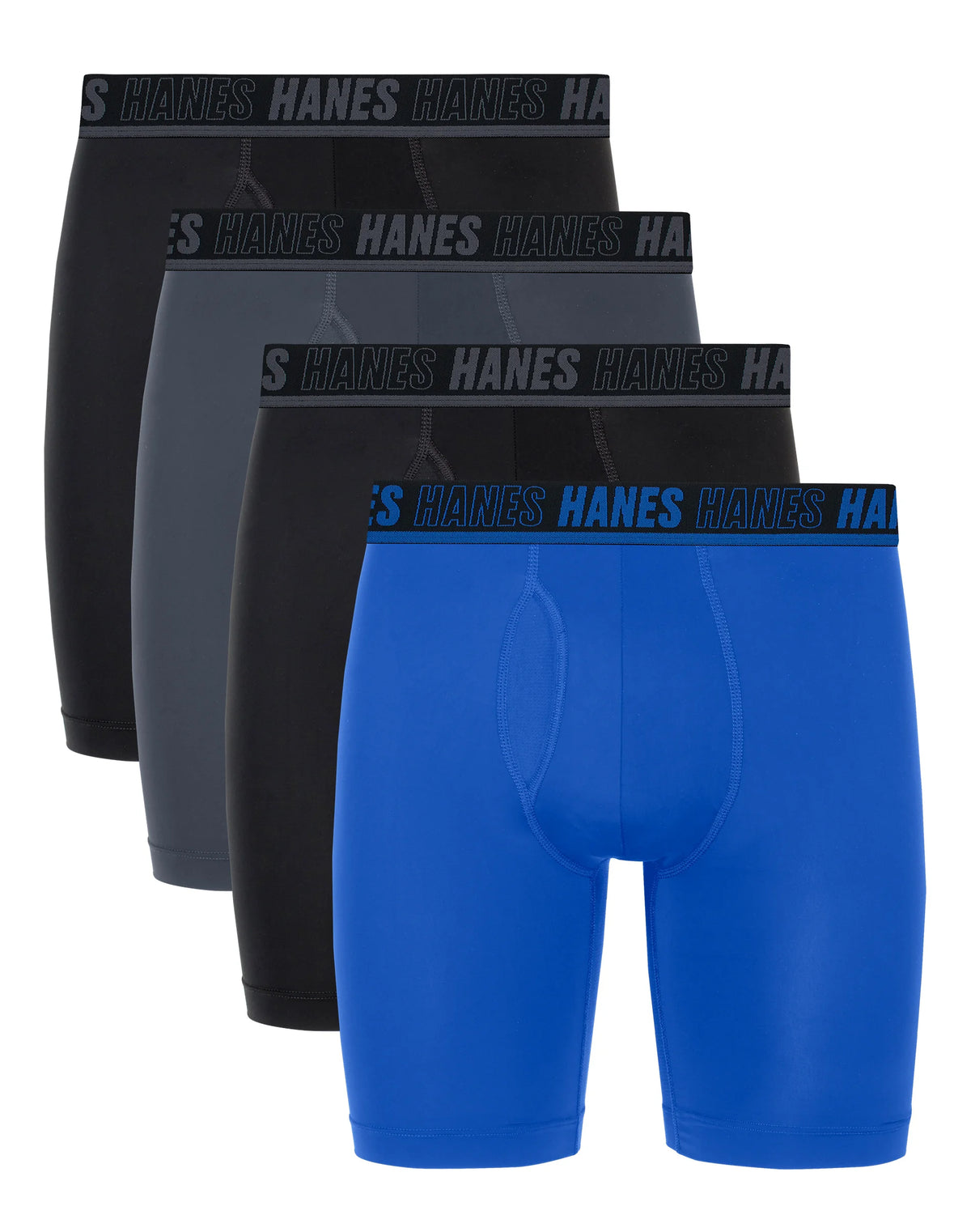 Hanes Moves Ultimate Men’s Anti-Chafe Long Leg Boxer Brief Underwear, Total Support Pouch, X-Temp, Black/Grey/Blue, 4-Pack, 8