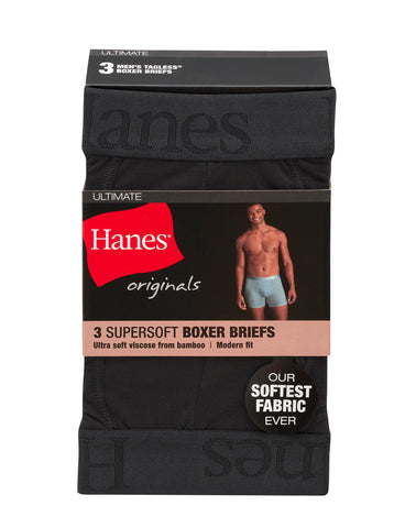 Hanes Originals Ultimate Men's SuperSoft Boxer Brief Underwear, Black, 3-Pack