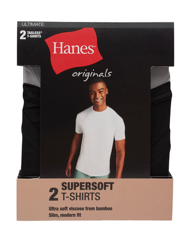 Hanes Originals Ultimate Men's SuperSoft Crewneck Undershirt, Black/Grey, 2-Pack