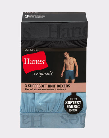 Hanes Originals Ultimate Men's SuperSoft Knit Boxer Underwear, Aqua/Grey/Black, 3-Pack