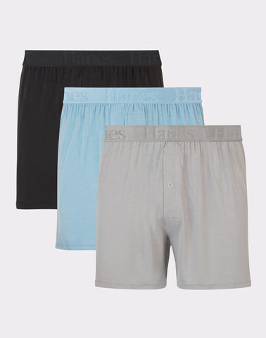 Hanes Originals Ultimate Men's SuperSoft Knit Boxer Underwear, Aqua/Grey/Black, 3-Pack
