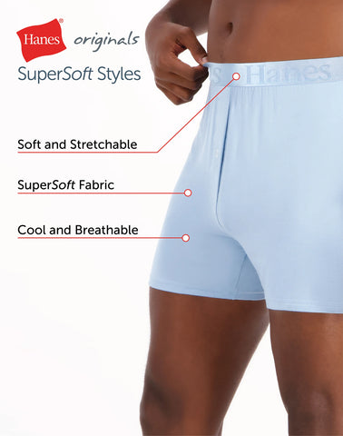 Hanes Originals Ultimate Men's SuperSoft Knit Boxer Underwear, Blue/Grey/Red, 3-Pack