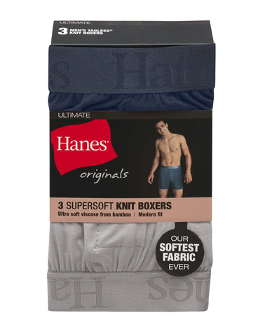 Hanes Originals Ultimate Men's SuperSoft Knit Boxer Underwear, Blue/Grey/Red, 3-Pack
