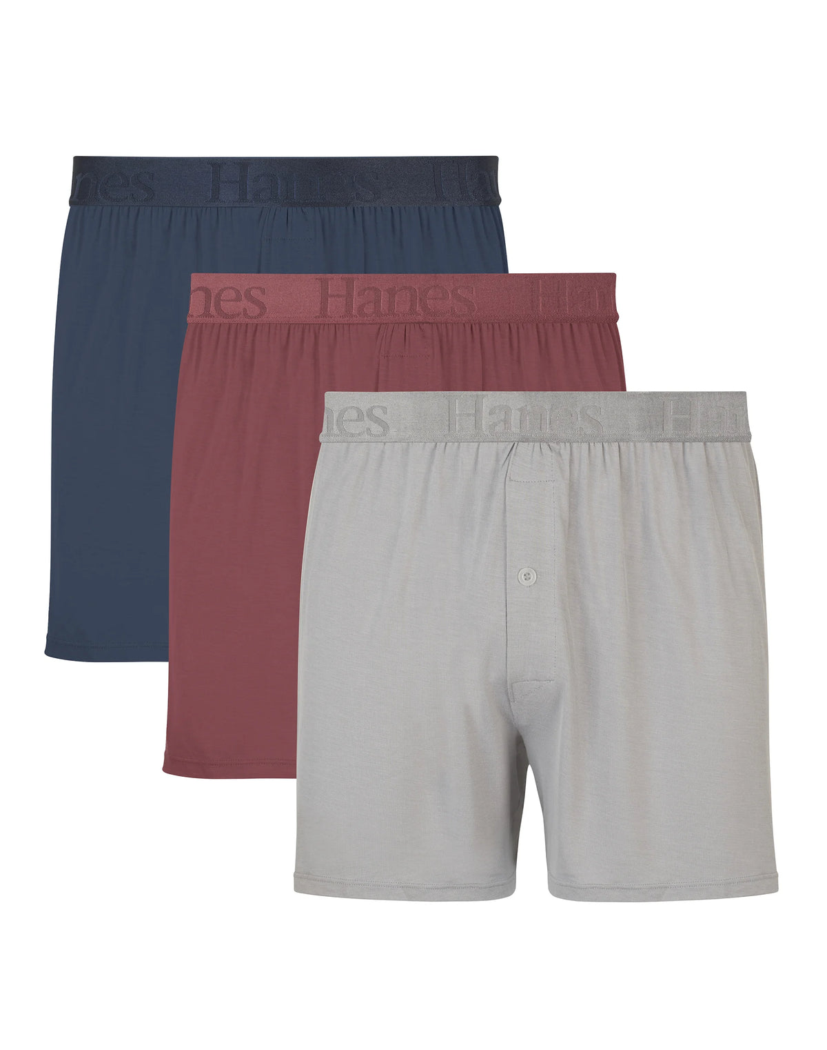 Hanes Originals Ultimate Men's SuperSoft Knit Boxer Underwear, Blue/Grey/Red, 3-Pack