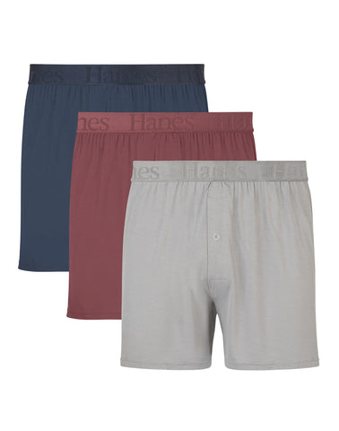 Hanes Originals Ultimate Men's SuperSoft Knit Boxer Underwear, Blue/Grey/Red, 3-Pack