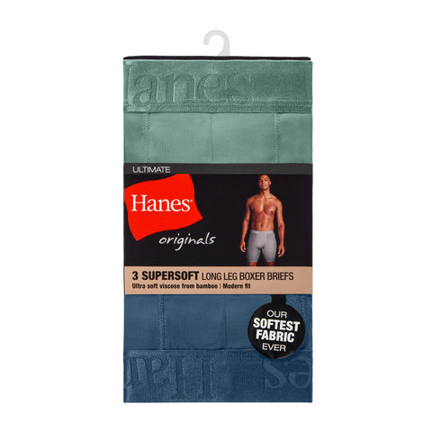Hanes Originals Ultimate Men's SuperSoft Long Leg Boxer Brief Underwear, Assorted, 3-Pack