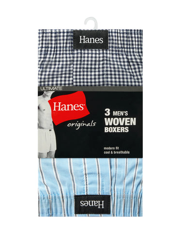 Hanes Originals Ultimate Men's Cotton Stretch Woven Boxer Underwear, Blue Plaids/Prints, 3-Pack