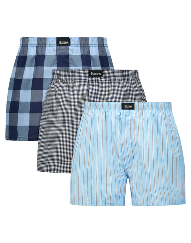 Hanes Originals Ultimate Men's Cotton Stretch Woven Boxer Underwear, Blue Plaids/Prints, 3-Pack