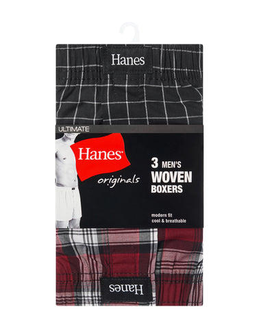 Hanes Originals Ultimate Men's Cotton Stretch Woven Boxer Underwear, Red/Black Plaids, 3-Pack