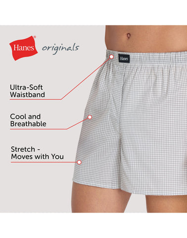 Hanes Originals Ultimate Men's Cotton Stretch Woven Boxer Underwear, Red/Black Plaids, 3-Pack