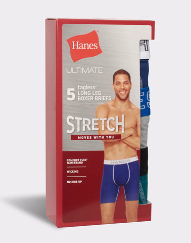 Hanes Ultimate Men's Stretch Long Leg Boxer Brief Underwear, Moisture Wicking, 5-Pack
