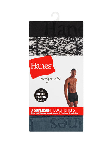 Hanes Originals Men's SuperSoft Boxer Brief Underwear, Viscose from Bamboo, Black/Grey/Print, 3-Pack