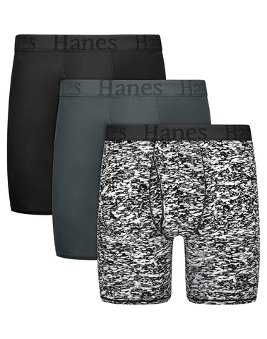 Hanes Originals Men's SuperSoft Boxer Brief Underwear, Viscose from Bamboo, Black/Grey/Print, 3-Pack